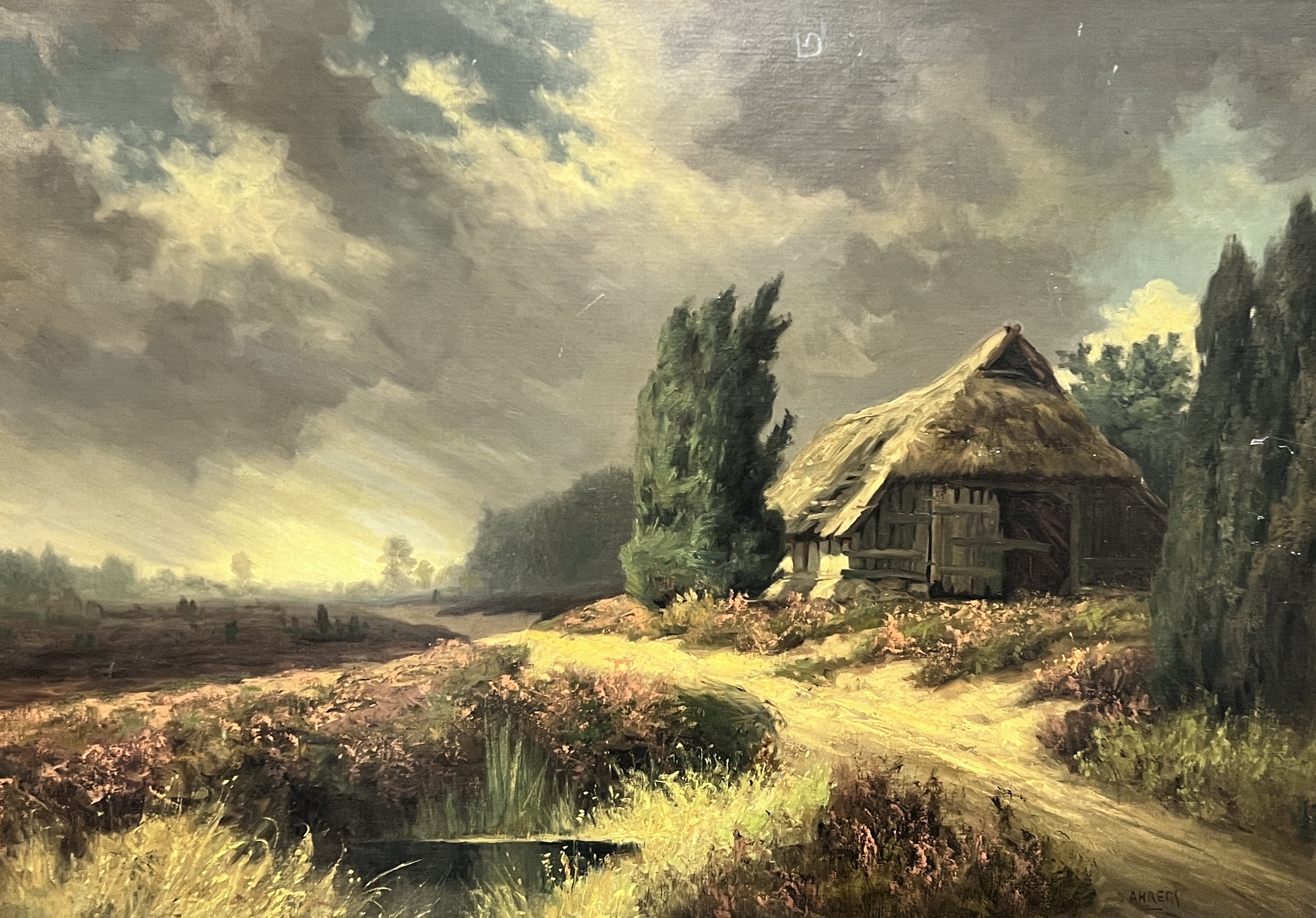 Ahrens (Canadian School), oil on canvas, Landscape with thatched barn, signed, 70 x 100cm